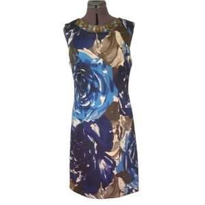 SZ12 Connected Apparel Blue Sheath Mini Dress Sleeveless Crew Neck Rose